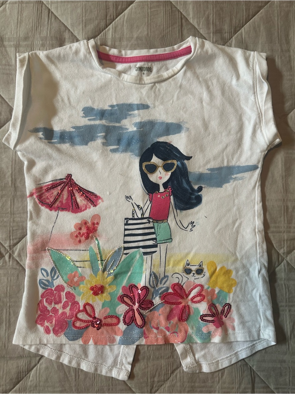 Gymboree White Graphic Beach Girl Tee with Pink & Aqua Accents
